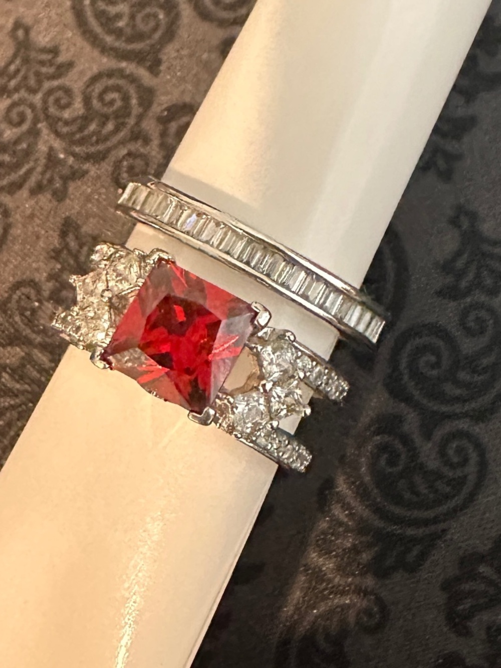 Red Princess Cut Three Piece Statement Ring Set
